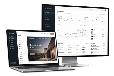 Northstack weboldalépítő és üzleti kezelőfelület laptopon és asztali kijelzőn