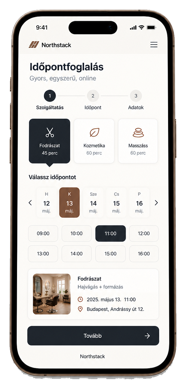 Northstack időpontfoglaló mobilfelülete