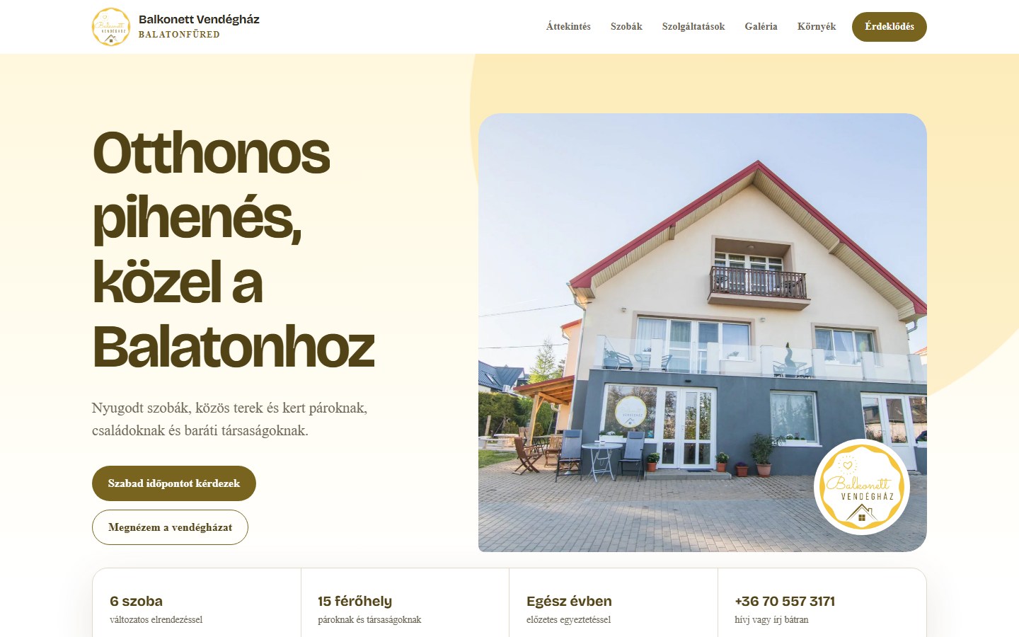 A Balkonett Vendégház weboldal nyitóképernyője