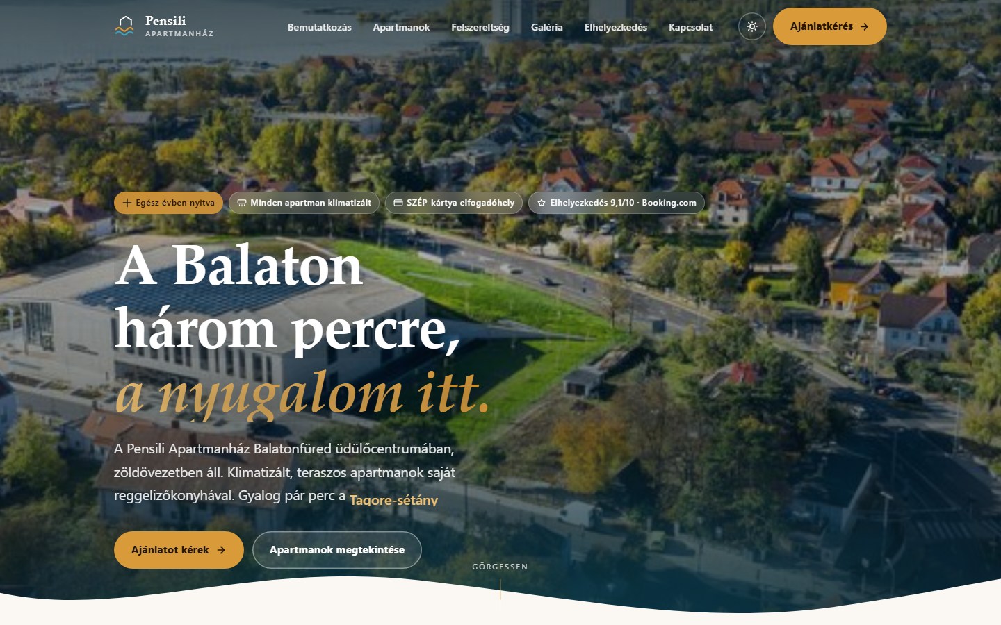 A Pensili Apartmanház weboldal nyitóképernyője