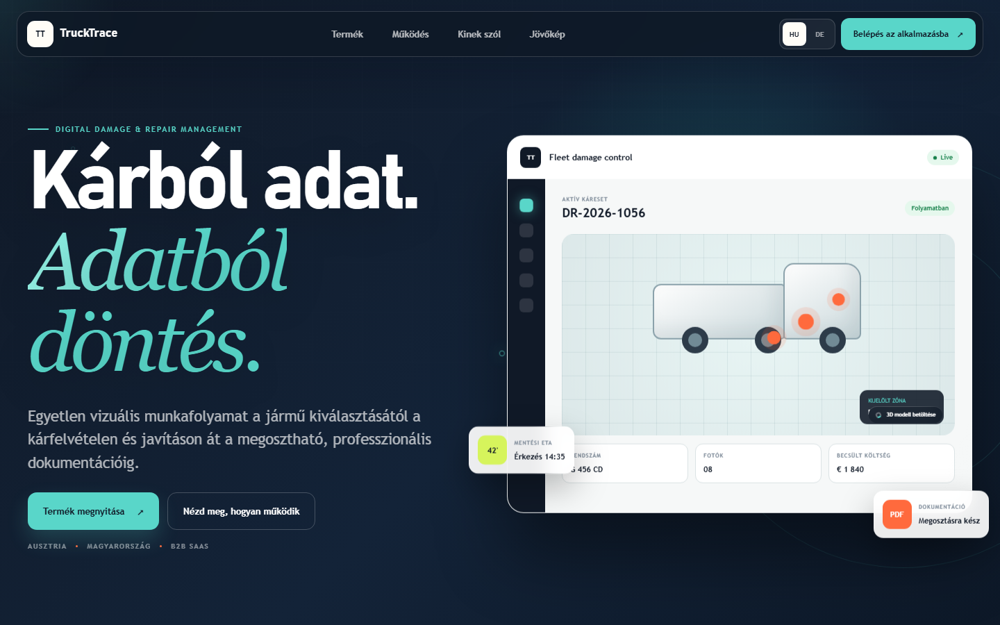 A TruckTrace digitális kár- és javításkezelő landing oldalának nyitóképernyője